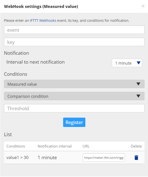 Register Webhook setting of measured value